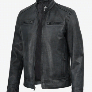 mens washed vintage black cafe racer leather jacket