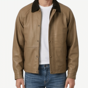 mens beige leather barn jacket with raglan sleeves