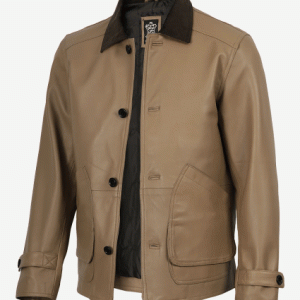 mens beige lambskin leather barn jacket with corduroy collar
