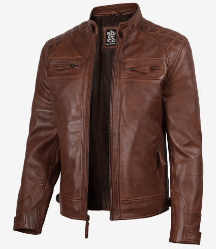 mens cognac brown quilted leather biker jacket