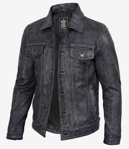 mens black distressed washed real leather trucker jacket