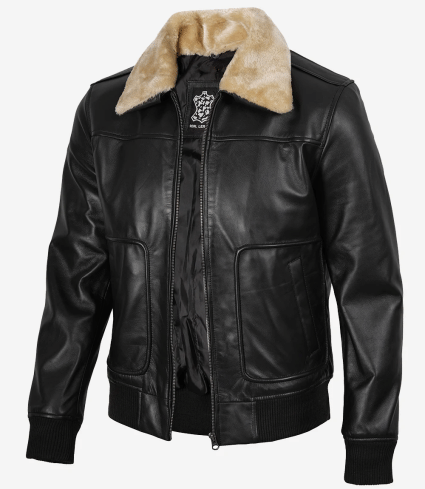 mens garrett black leather bomber jacket fur collar