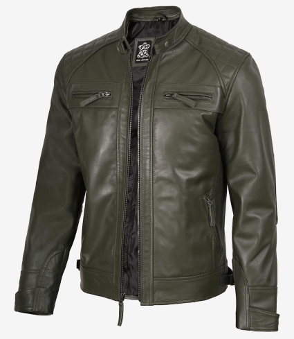 mens olive green real leather cafe racer jacket