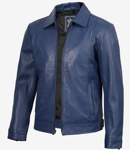 mens blue real leather harrington jacket