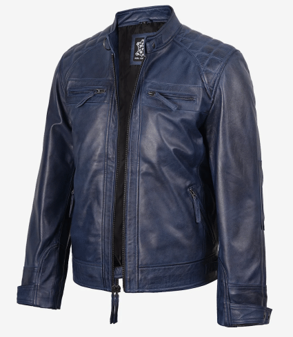 mens leather blue cafe racer biker fashion jacket