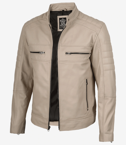 mens beige cafe racer real leather jacket