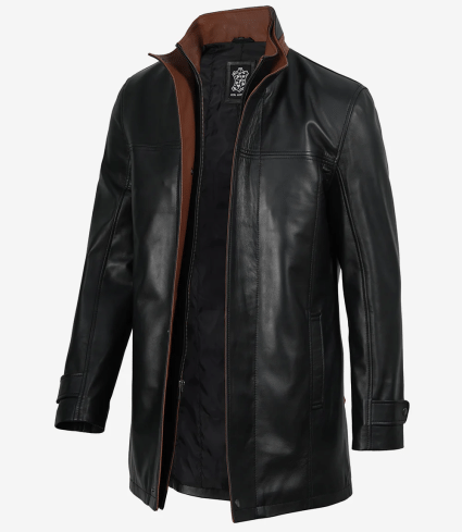 mens wide lapel black lambskin 3/4 length leather jacket