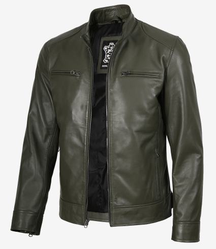 mens olive green cafe racer real leather jacket