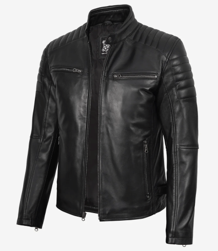 mens real leather cafe racer jacket with shoulders padding