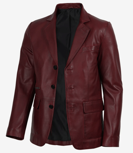 mens burgundy lambskin leather blazer three button style