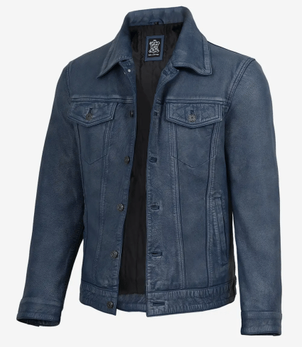 mens denim style trucker blue washed leather jacket