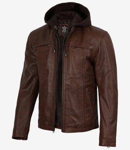 mens cognac wax lambskin leather jacket with removable hood