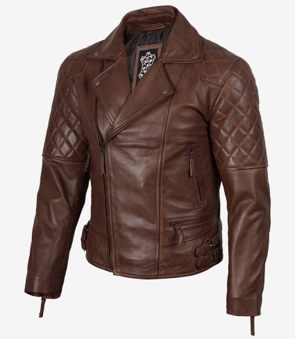 mens quilted asymmetrical cognac leather biker fashion jacket
