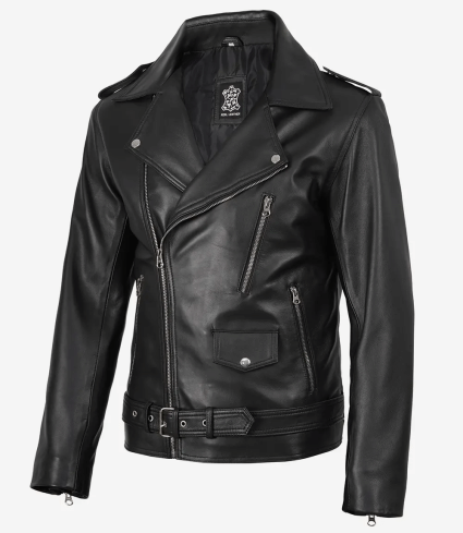 mens black belted biker leather jacket