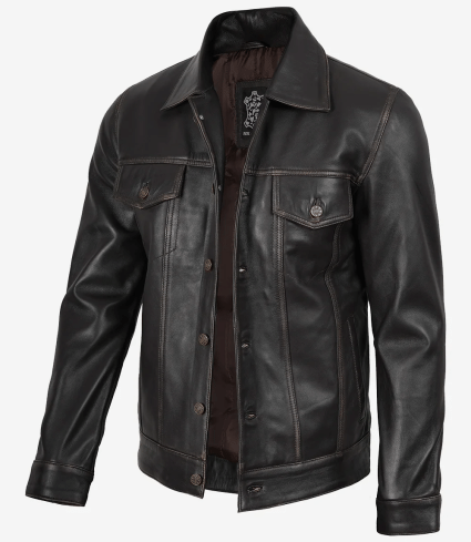 mens dark brown trucker leather jacket