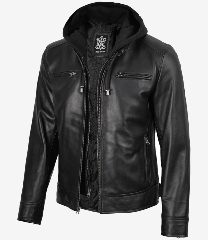 mens black real leather jacket removable hoodie