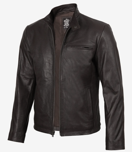 mens dark brown cowhide leather cafe racer jacket