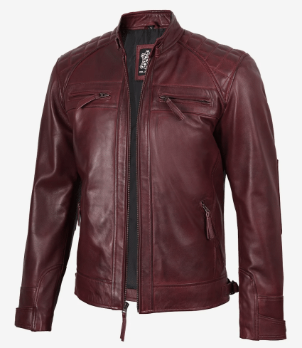 mens burgundy waxed quilted leather biker fashion jacket