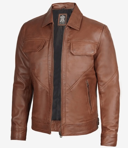 mens cognac brown shirt collar harrington leather jacket