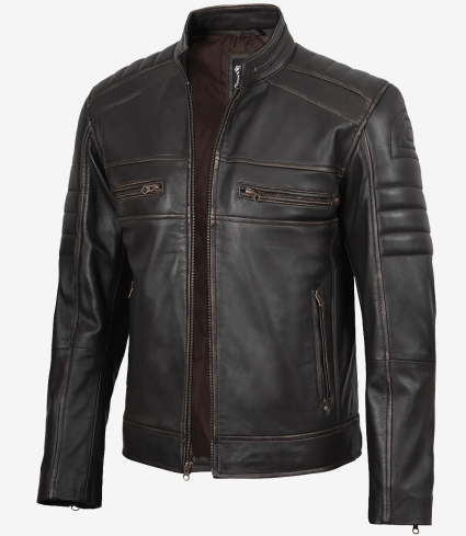 mens rub off dark brown cafe racer real leather jacket