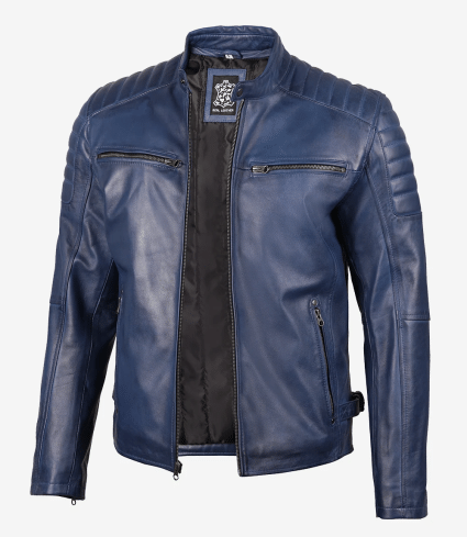 mens cafe racer blue leather jacket for