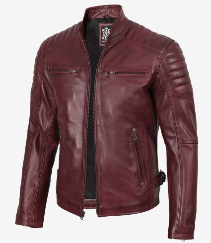 mens burgundy cafe racer real leather jacket for