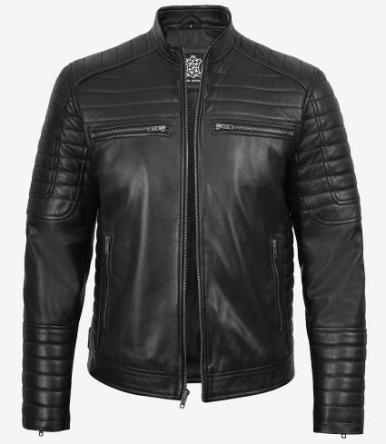 mens cafe racer leather jacket with padded details