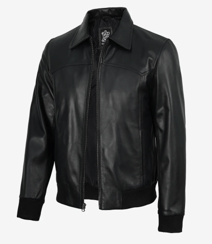 mens black lambskin leather bomber jacket shirt collar