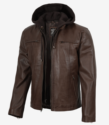 mens dark brown lambskin leather jacket with removable hood
