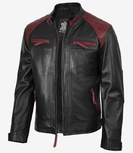 mens black and burgundy cafe racer leather jacket