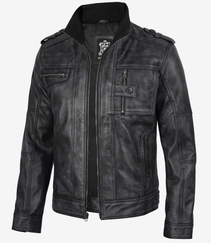 mens distressed black leather biker fashion jacket