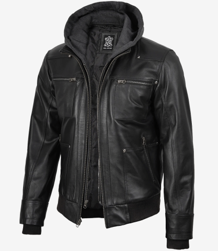 mens black real leather jacket with removable hood