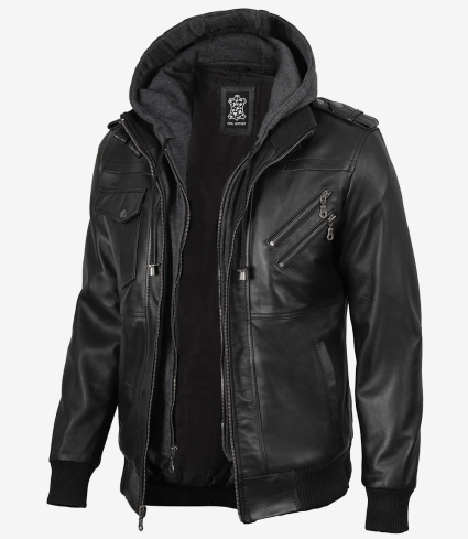 mens black bomber leather jacket with removable hood