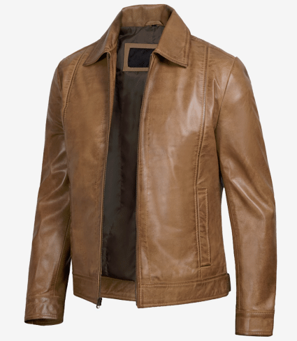 mens yellow wax classic shirt collar real leather jacket