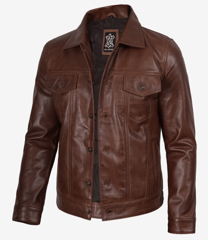 mens harrington cognac brown wax leather trucker jacket