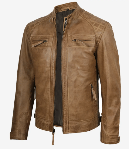 mens waxed camel brown cafe racer leather jacket