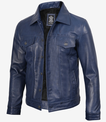 mens trucker blue waxed leather jacket
