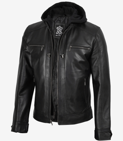 mens black leather racer jacket with removable hoodie