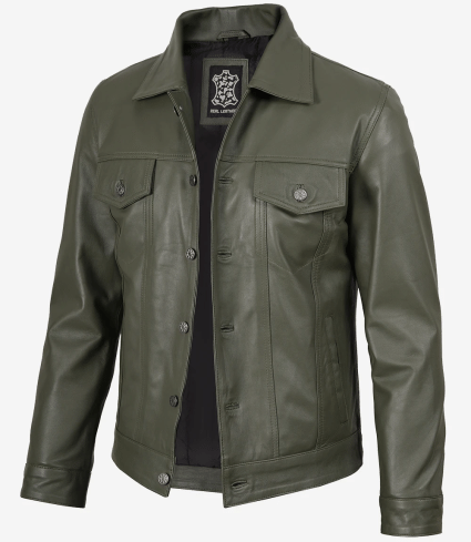 mens olive green real trucker leather jacket