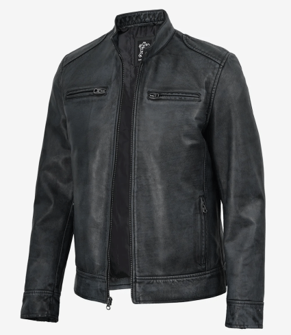 mens washed vintage black cafe racer leather jacket