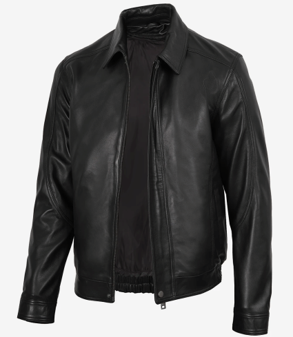 mens black shirt collar style real leather jacket