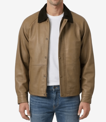 mens beige leather barn jacket with raglan sleeves