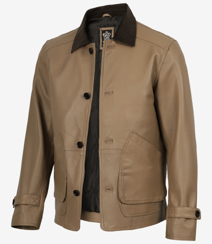mens beige lambskin leather barn jacket with corduroy collar