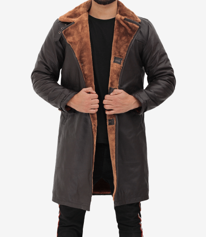 mens turlock dark brown 3/4 coat with light brown shearling fur