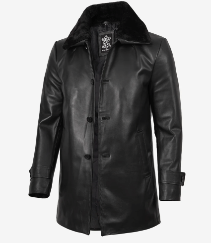 mens 3/4 black real leather coat with fur collar winter / fall style