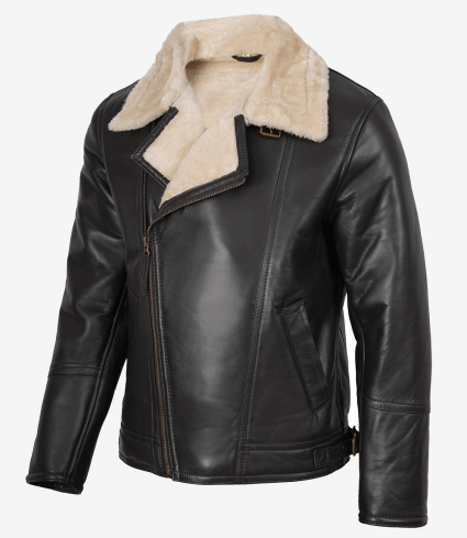 mens dark brown asymmetrical leather shearling jacket
