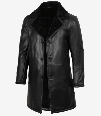 mens black leather long faux shearling coat