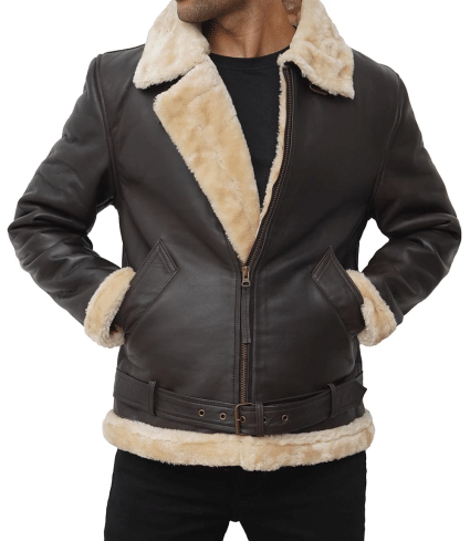 mens real leather dark brown bomber aviator jacket with faux beige fur