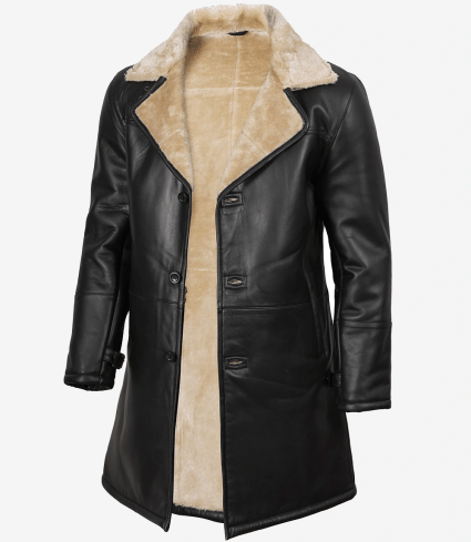 mens black leather shearling coat with beige faux shearling