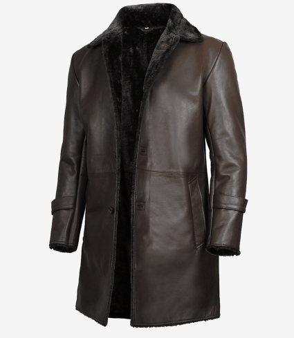 mens dark brown real leather coat with black shearling fur